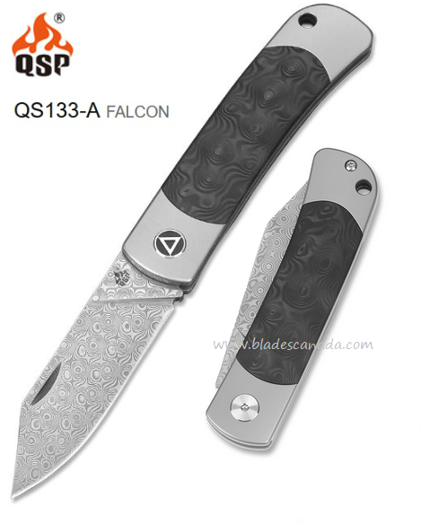 QSP Falcon Slipjoint Folding Knife, Damascus Steel, Carbon Fiber, QS133-A